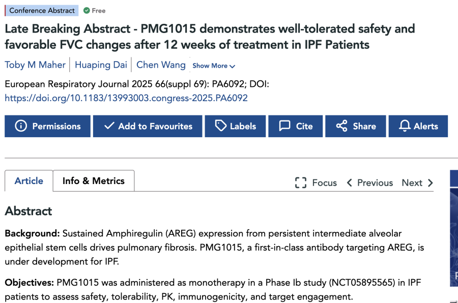 PMG1015 Demonstrates a Well-Tolerated Safety Profile and Favorable FVC Changes after 12 Weeks of Treatment in IPF Patients