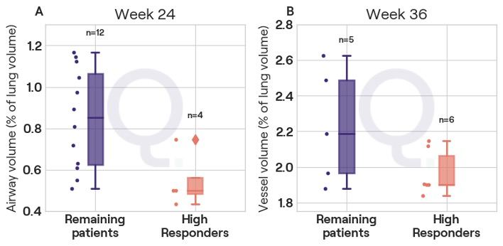 Figure 1 a) Baseline airway volume in different responder groups; b) Baseline vessel volume in different responder groups. All automated CT scan segmentation and subsequent analysis was performed in Cambridge UK on the Qureight platform.